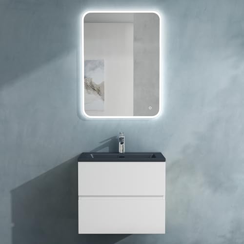 doporro Badmöbel-Set Waschbecken-Unterschrank Badezimmer Waschtisch mit Unterschrank BTH: 60x48x50 cm in Matt weiß inkl. matt Anthrazit Mineralguss-Waschbecken und LED-Spiegel Aqualis von doporro
