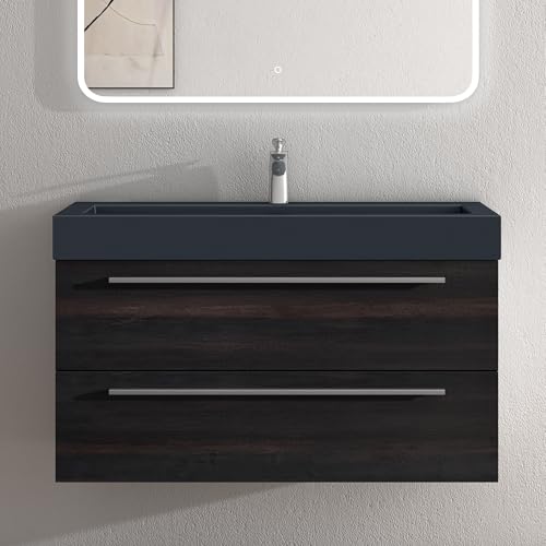 doporro Badmöbel-Set Waschbeckenunterschrank mit Soft-Close in Dunkelgrau 100x48x60cm Quadratto Waschplatz komplett Set inkl. Mineralguss-Waschbecken in matt Anthrazit von doporro