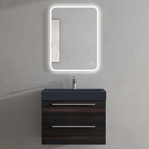 doporro Badmöbel-Set Waschbeckenunterschrank mit Soft-Close in Dunkelgrau 73x48x60cm Quadratto Waschplatz komplett Set inkl. Mineralguss-Waschbecken in matt Anthrazit und Led-Spiegel von doporro