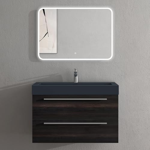 doporro Badmöbel-Set Waschbeckenunterschrank mit Soft-Close in Dunkelgrau 90x48x60cm Quadratto Waschplatz komplett Set inkl. Mineralguss-Waschbecken in matt Anthrazit und Led-Spiegel von doporro