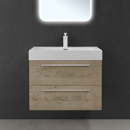 doporro Badmöbel-Set Waschbeckenunterschrank mit Soft-Close in Eiche Greige 73x48x60cm Waschplatz komplett Set inkl. Mineralguss-Waschbecken von doporro