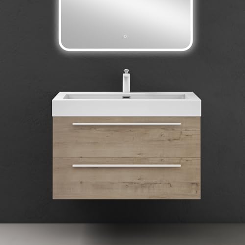 doporro Badmöbel-Set Waschbeckenunterschrank mit Soft-Close in Eiche Greige 90x48x60cm Waschplatz komplett Set inkl. Mineralguss-Waschbecken von doporro