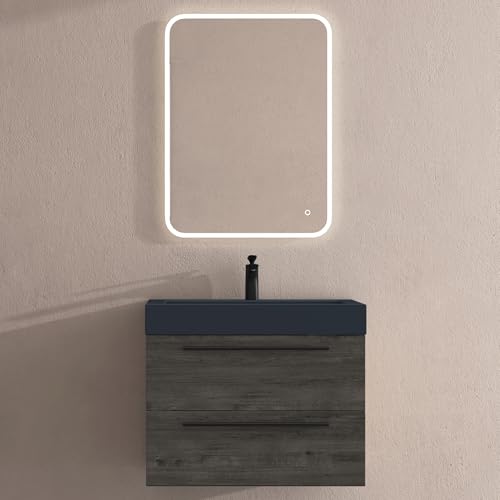 doporro Badmöbel-Set Waschbeckenunterschrank mit Soft-Close in Grau-braun 73x48x60cm Quadratto Waschplatz komplett Set inkl. Mineralguss-Waschbecken in matt Anthrazit und Led-Spiegel von doporro