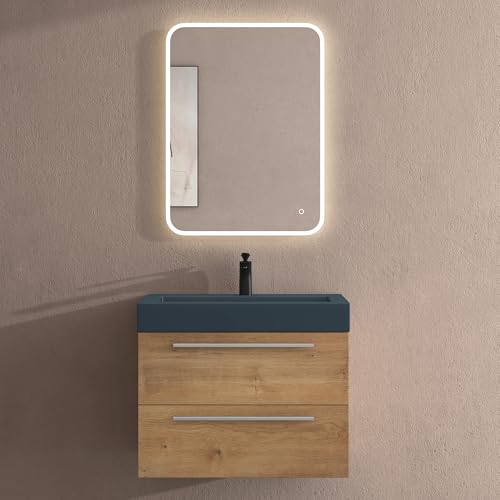 doporro Badmöbel-Set Waschbeckenunterschrank mit Soft-Close in Kerneiche 73x48x60cm Quadratto Waschplatz komplett Set inkl. Mineralguss-Waschbecken in matt Anthrazit und Led-Spiegel von doporro
