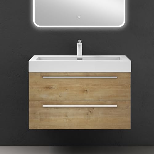 doporro Badmöbel-Set Waschbeckenunterschrank mit Soft-Close in Kerneiche 90x48x60cm Waschplatz komplett Set inkl. Mineralguss-Waschbecken von doporro