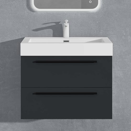 doporro Badmöbel-Set Waschbeckenunterschrank mit Soft-Close in Matt Anthrazit 73x48x60cm Waschplatz komplett Set inkl. Mineralguss-Waschbecken Quadratto von doporro