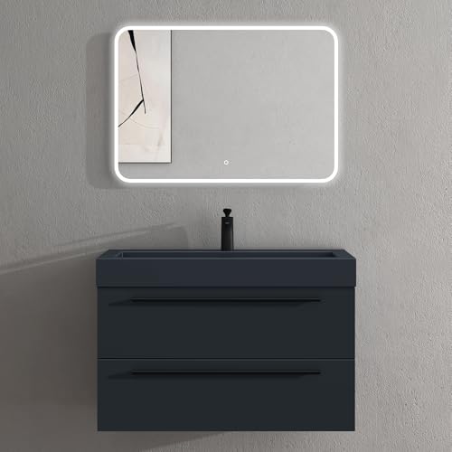 doporro Badmöbel-Set Waschbeckenunterschrank mit Soft-Close in Matt Anthrazit 90x48x60cm Quadratto Waschplatz komplett Set inkl. Mineralguss-Waschbecken in matt Anthrazit und Led-Spiegel von doporro