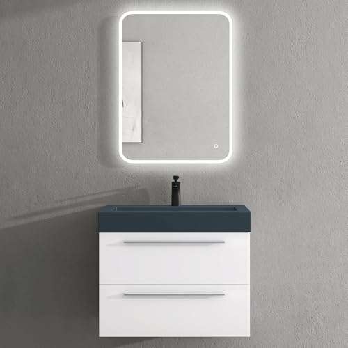 doporro Badmöbel-Set Waschbeckenunterschrank mit Soft-Close in Matt Weiß 73x48x60cm Quadratto Waschplatz komplett Set inkl. Mineralguss-Waschbecken in matt Anthrazit und Led-Spiegel von doporro