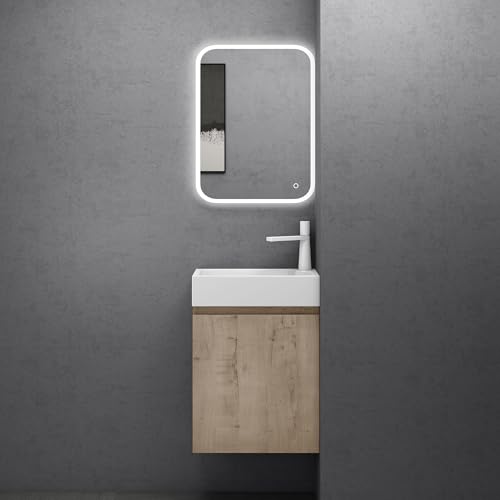 doporro Badmöbel Set Waschtisch mit Unterschrank Waschbecken-Unterschrank für Gäste-WC 46cm in Eiche Greige Design Waschplatz Wandmontage inkl. LED-Spiegel Pisa 02 von doporro