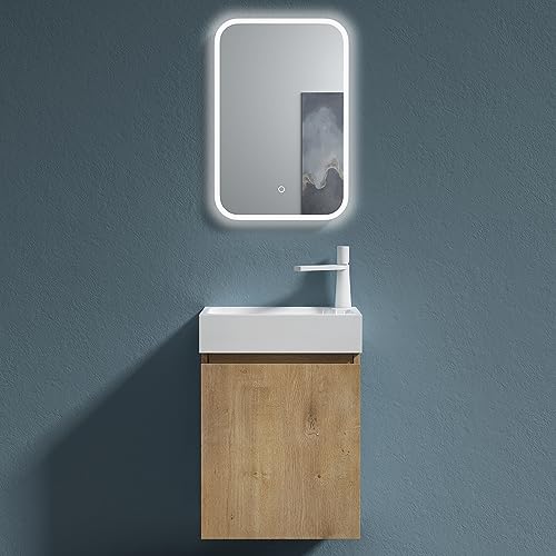 doporro Badmöbel Set Waschtisch mit Unterschrank Waschbecken-Unterschrank für Gäste-WC 46cm in Kerneiche Design Waschplatz Wandmontage inkl. LED-Spiegel Pisa 02 von doporro