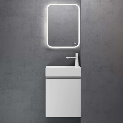 doporro Badmöbel Set Waschtisch mit Unterschrank Waschbecken-Unterschrank für Gäste-WC 46cm in matt weiß Design Waschplatz Wandmontage inkl. LED-Spiegel Pisa 02 von doporro