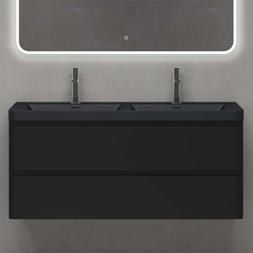 doporro Badmöbel Set Waschtisch mit Unterschrank Waschbecken mit Unterschrank Waschbeckenunterschrank Waschtischunterschrank Matt schwarz 120x48x55cm inkl. Mineralguss-Waschbecken von doporro