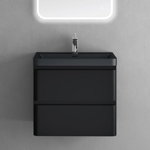 doporro Badmöbel Set Waschtisch mit Unterschrank Waschbecken mit Unterschrank Waschbeckenunterschrank Waschtischunterschrank Matt schwarz 60x42x55cm inkl. Mineralguss-Waschbecken von doporro