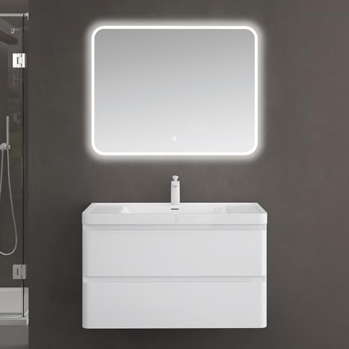 doporro Badmöbel Set Waschtisch mit Unterschrank Waschbecken mit Unterschrank Waschbeckenunterschrank Waschtischunterschrank Weiß 90x48x55cm inkl. Mineralguss-Waschbecken und LED-Badspiegel von doporro