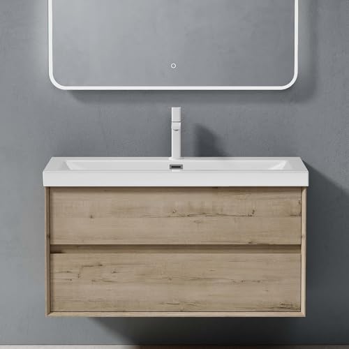 doporro Badmöbel Set Waschtischunterschrank Waschtisch mit Unterschrank Wandhängender Waschbecken-Unterschrank mit Soft-Close in Eiche Greige 100cm inkl. Mineralguss-Waschbecken Rimo doporro Badmöbel Set Waschtischunterschrank Waschtisch mit Unterschrank Wandhängender Waschbecken-Unterschrank mit Soft-Close in Eiche Greige 100cm inkl. Mineralguss-Waschbecken Rimo von doporro