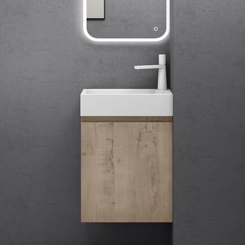 doporro Badmöbel Set Waschtisch mit Unterschrank Waschbecken-Unterschrank für Gäste-WC 46cm in Eiche Greige Design Waschplatz Wandmontage Pisa 02 von doporro