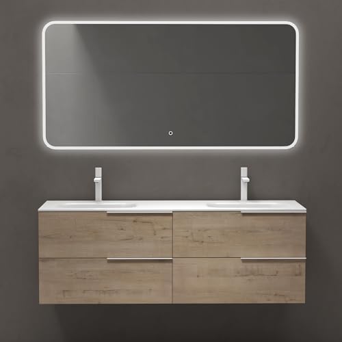 doporro Badmöbelset Waschbeckenunterschrank in Eiche Greige 144x48x52 cm Unterschrank mit Mineralguss-Doppelwaschbecken Badezimmer Schrank mit 4 Schubladen inkl. LED-Spiegel Vanessa doporro Badmöbelset Waschbeckenunterschrank in Eiche Greige 144x48x52 cm Unterschrank mit Mineralguss-Doppelwaschbecken Badezimmer Schrank mit 4 Schubladen inkl. LED-Spiegel Vanessa von doporro