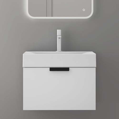 doporro Badmöbelset Waschtisch mit Unterschrank 60x45x48cm Unterschrank mit Mineralguss-Waschbecken Waschplatz in Matt Weiß mit Soft-Close-Funktion Lonato von doporro