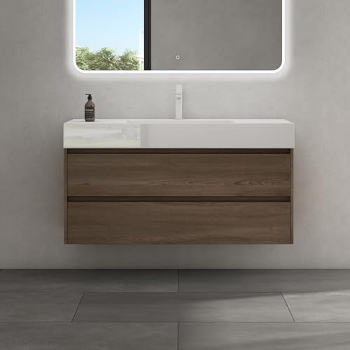 doporro Waschtisch mit Unterschrank 120x48x63cm Badmöbel-Set Eiche Badezimmerschrank Mineralguss-Waschbecken Wandmontage von doporro