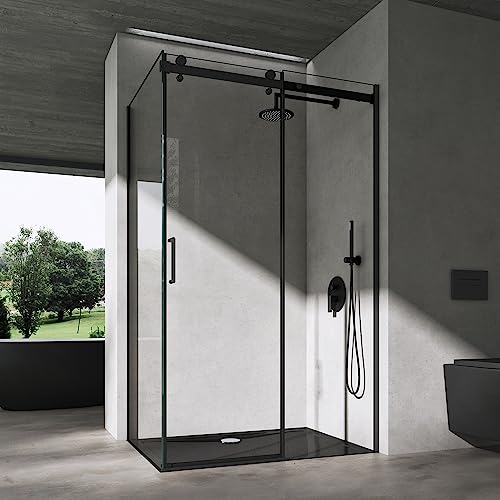 doporro Duschkabine Eckdusche 80x100x195cm Duschabtrennung schwarz 8mm ESG-Sicherheitsglas Klarglas Schiebetür inkl.Nano-Beschichtung Ravenna19 von doporro