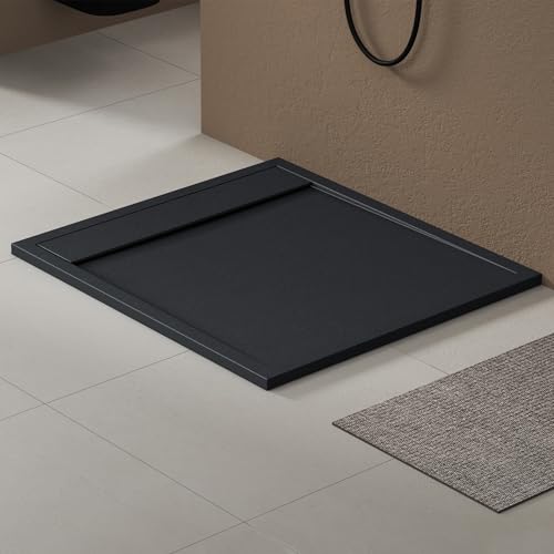 doporro Duschtasse Duschwanne 90x100x3cm aus Mineralguss in Anthrazit Rechteckig DIN-Anschlüsse für bodenebene Montage geeignet inkl. Ablaufgarnitur AL06 Geoma10 von doporro