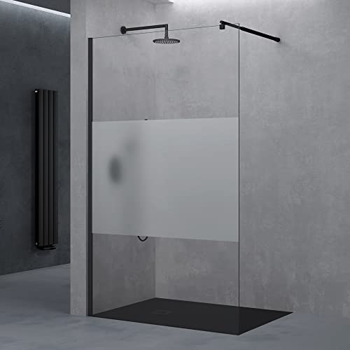 doporro Duschwand Duschtrennwand 140x200 Walk-In Dusche mit rundem Stabilisator Bremen02MS schwarz aus Echtglas 10mm ESG-Sicherheitsglas Milchglas-Streifen inkl. Nanobeschichtung von doporro