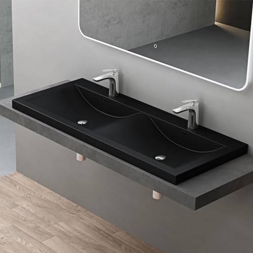 doporro Einbauwaschbecken Mineralguss Waschbecken BTH: 120x48x12cm in schwarz Gussmarmor Waschplatz Doppelwaschbecken Waschtisch Colossum03 von doporro