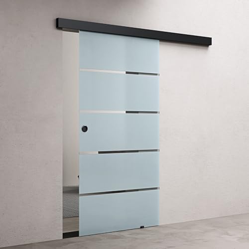 doporro Glasschiebetür Komplettset 77,5 x 205cm | 15mm Wandabstand | Schiebetür mit ESG-Sicherheitsglas | Zimmertür Glas 5-Milchglas-Streifen und Schwarz Muschelgriff | Amalfi-plus 11 von doporro