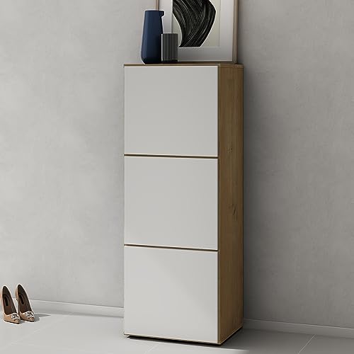 doporro Schuhschrank Schuhregal Schmal Schuhkommode 45 cm Schuhschrank in Kerneiche und weiß matt Holz Aufbewahrung für Schuhe mit 6 Fächern Schuhschrank02 von doporro