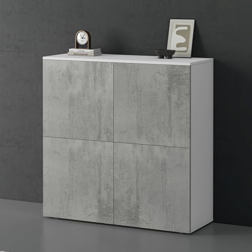 doporro Sideboard Kommode 100 cm in Matt Weiß und Beton Aufbewahrungsschrank Bodenstehend für Ihren Wohnbereich Viel Stauraum Schrank 04 von doporro