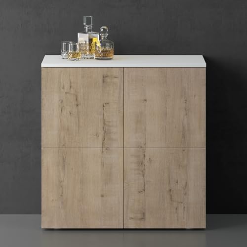 doporro Sideboard Kommode 76 cm in Matt Weiß und Eiche Greige Aufbewahrungsschrank Bodenstehend für Ihren Wohnbereich Viel Stauraum Schrank 04 von doporro