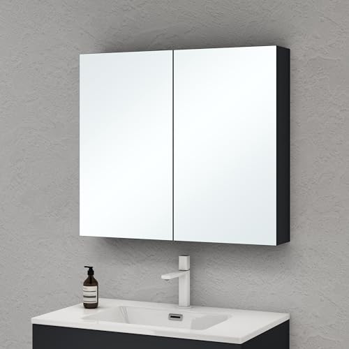 doporro Spiegelschrank Wandschrank mit Spiegel in matt Anthrazit 80x70 cm Hängeschrank Aufbewahrungsschrank für Badezimmer 2 Türen mit verstellbarem Regalbrett Spiegelschrank 02 von doporro