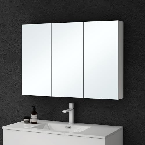 doporro Spiegelschrank Wandschrank mit Spiegel in matt weiß 100x70 cm Hängeschrank Aufbewahrungsschrank für Badezimmer 3 Türen mit verstellbarem Regalbrett Spiegelschrank 02 von doporro