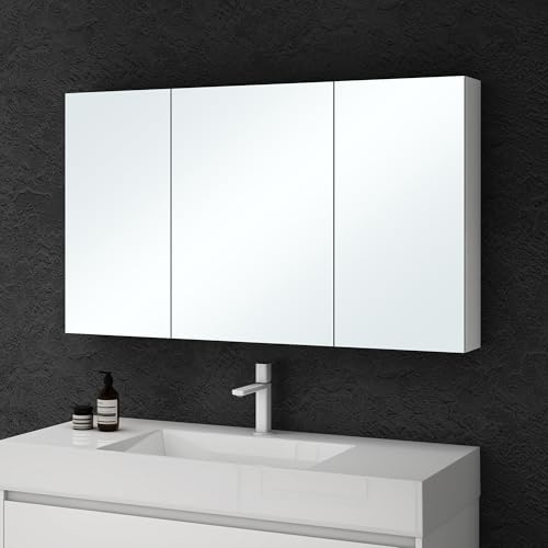 doporro Spiegelschrank Wandschrank mit Spiegel in matt weiß 120x70 cm Hängeschrank Aufbewahrungsschrank für Badezimmer 3 Türen mit verstellbarem Regalbrett Spiegelschrank 02 von doporro