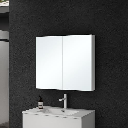 doporro Spiegelschrank Wandschrank mit Spiegel in matt weiß 80x70 cm Hängeschrank Aufbewahrungsschrank für Badezimmer 2 Türen mit verstellbarem Regalbrett Spiegelschrank 02 von doporro
