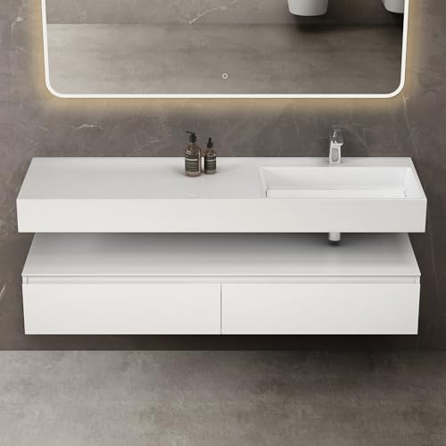 doporro Waschtisch mit Unterschrank Badmöbel-Set Design Waschplatz 150x48x25cm Badzimmerschrank Up inkl. Minralguss-Waschbecken Weiß matt Wandmontage von doporro