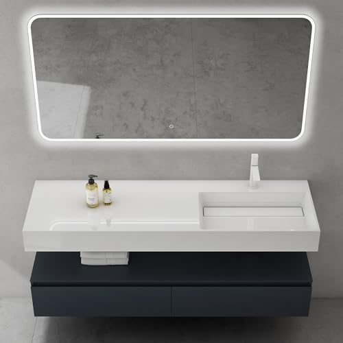 doporro Waschbecken-Unterschrank Badmöbel-Set in Anthrazit matt Design Waschplatz 150x48x25cm Badzimmerschrank inkl. Weiß matt Minralguss-Waschbecken und LED-Spiegel UP von doporro