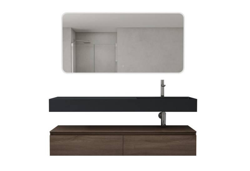 doporro Waschbeckenunterschrank Badmöbel Set Holzstruktur Schubladen Unterschrank Soft-Close MDF UP von doporro