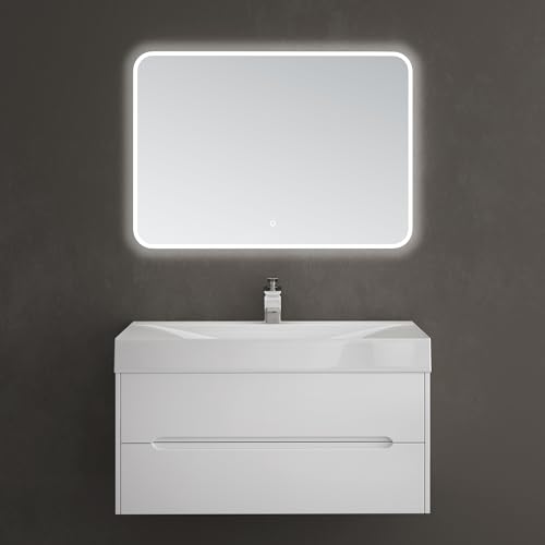 doporro Waschbeckenunterschrank Waschtisch mit Unterschrank Wandmontage länzend weiß, BTH: 100x48x56 cm, inkl. Mineralguss-Waschbecken und LED-Spiegel Yoga von doporro