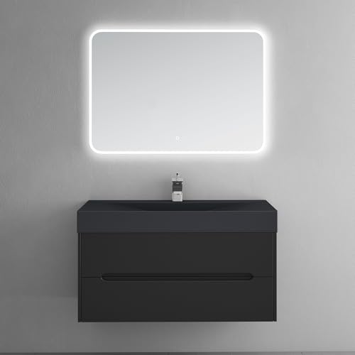 doporro Waschbeckenunterschrank Waschtisch mit Unterschrank Wandmontage matt schwarz, BTH: 100x48x56 cm, inkl. Mineralguss-Waschbecken und LED-Spiegel Yoga von doporro