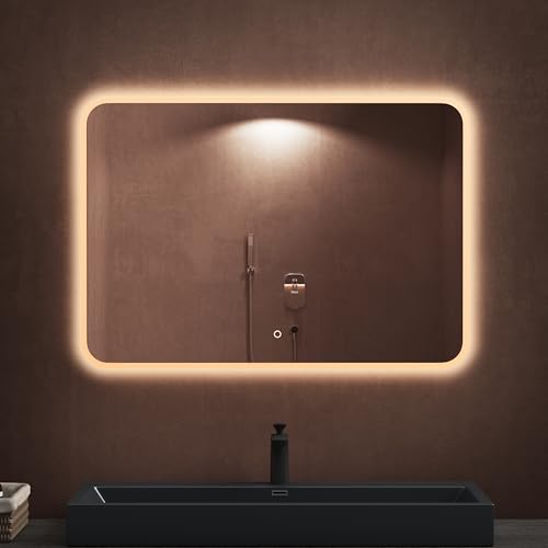 dopporo LED Badspiegel 100x80cm Badzimmerspiegel mit Beleuchtung Spiegel mit runden Ecken Wandspiegel mit Touch Schalter Memory Funktion 2700-6500K LED-Spiegel-03 von doporro
