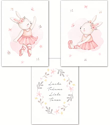 double critical Lemmami Papeterie 3er Set Boho Deko Wandbilder Kinderzimmer Babyzimmer Poster Bilder Mädchen Jungen (Rosa Ballett Hase Ballerina) von double critical