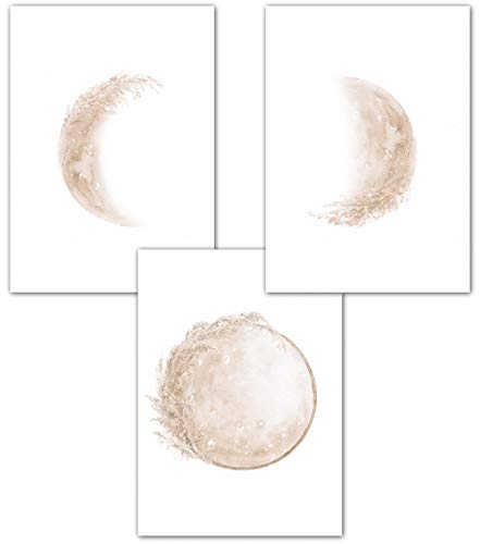Lemmami Papeterie 3er Set Poster Wandbilder Mondphasen Pampas-Gras Boho Deko Bilder DIN A3 Wohnzimmer Schlafzimmer Dekoration (3er Bilder Set beige, Wanddeko) von double critical