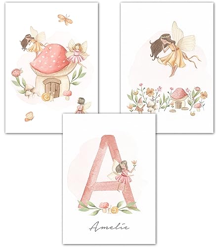 double critical Wandbilder Kinderzimmer Poster 3er Set Name personalisiert Bild Babyzimmer Fee Feen Fairytale Poster Mädchen Wanddeko A4 A3 Rosa von double critical