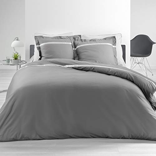 douceur d'Intérieur 3-Piece Bedding Set 240 x 220 cm Percale Plain Satinea Grey/White von Douceur d'Intérieur