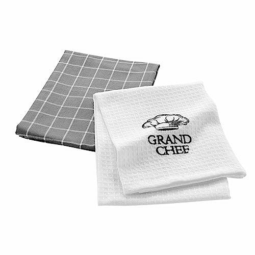 Douceur d'Intérieur Grand Chef 2 Geschirrtücher (50 x 70 cm), gewebte Baumwolle/Wabenmuster, Bestickt von Douceur d'Intérieur