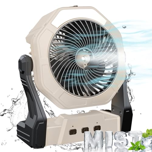 dovecina Leise Misting Ventilator,Tragbar 10400mAh Akku Ventilator 270° Rotieren Tischventilator LED Licht Outdoor Camping Ventilator mit Haken/USB-Aufladung für Zelt,Camping Reisen(White) von dovecina