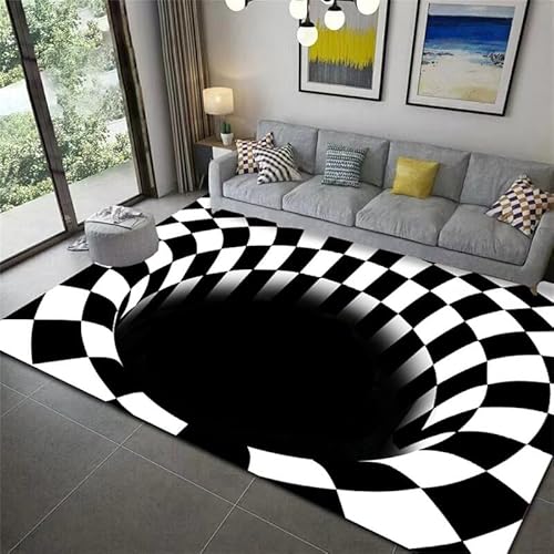 Vortex Teppich 3D Illusion Teppich Optische Täuschung Teppich 3D Matte Vortex Bodenlose Lochmatte 3D Swirl Teppich Karierter Teppich Schwarz und Weiß für Zuhause Schlafzimmer Wohnzimmer Badezimmer von doyouwantmore