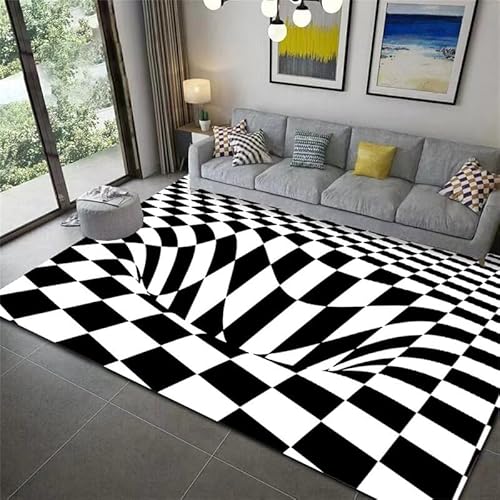 Vortex Teppich 3D Illusion Teppich Optische Täuschung Teppich 3D Matte Vortex Bodenlose Lochmatte 3D Swirl Teppich Karierter Teppich Schwarz und Weiß für Zuhause Schlafzimmer Wohnzimmer Badezimmer von doyouwantmore