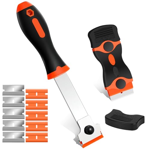 Drado Ceranfeldschaber mit 5 Kohlenstoffstahl und 5 Kunststoff Klingen, Ceranfeldschaber Set für Klebereste Entferner, Glasschaber Doppelseitig + Schaber mit Langem Stiel Keine Kratzer(orange) von drado